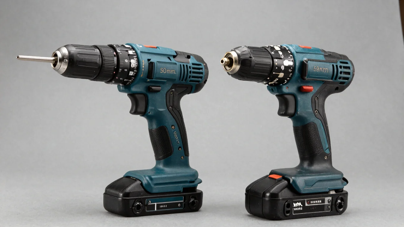 Studio product photograph of a corded electric drill and a cordle