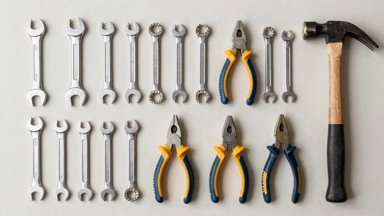 Flat lay of hand tools including wrenches, pliers and a hammer ar