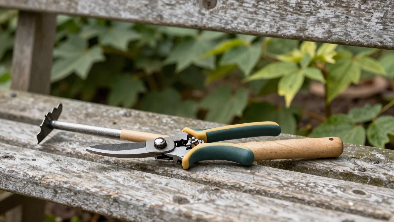 Garden pruning shears and a rake resting on a wooden garden bench