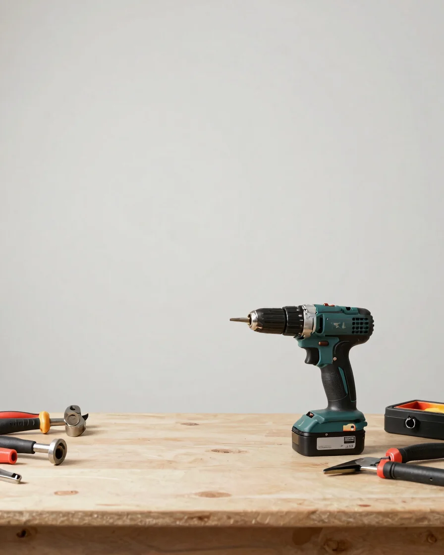 Wide studio photograph of a neatly arranged set of hand tools and